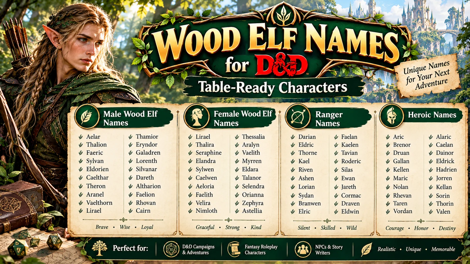 Wood elf adventurer with tabletop fantasy character naming examples