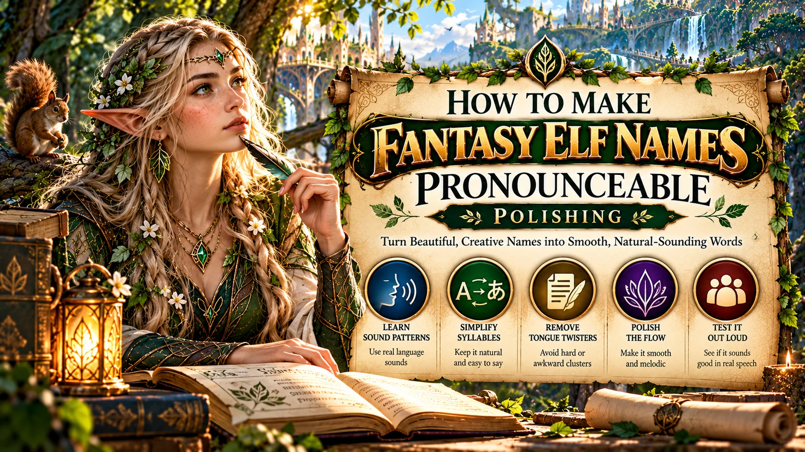 Wood elf scholar studying fantasy name pronunciation and sound patterns