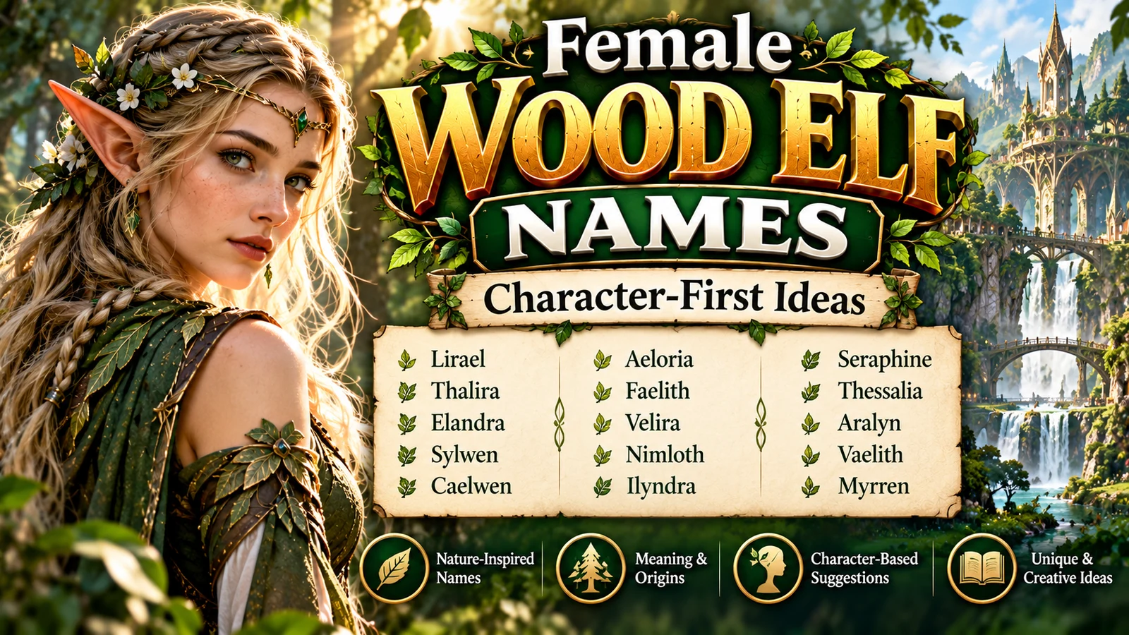 Female wood elf in a forest with creative female elf name ideas