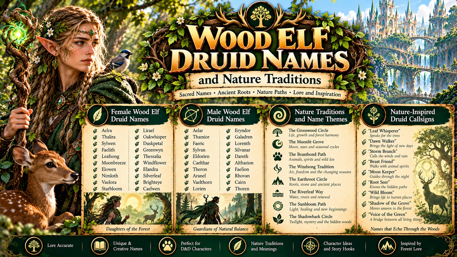 Wood elf druid with forest wildlife and druid naming traditions