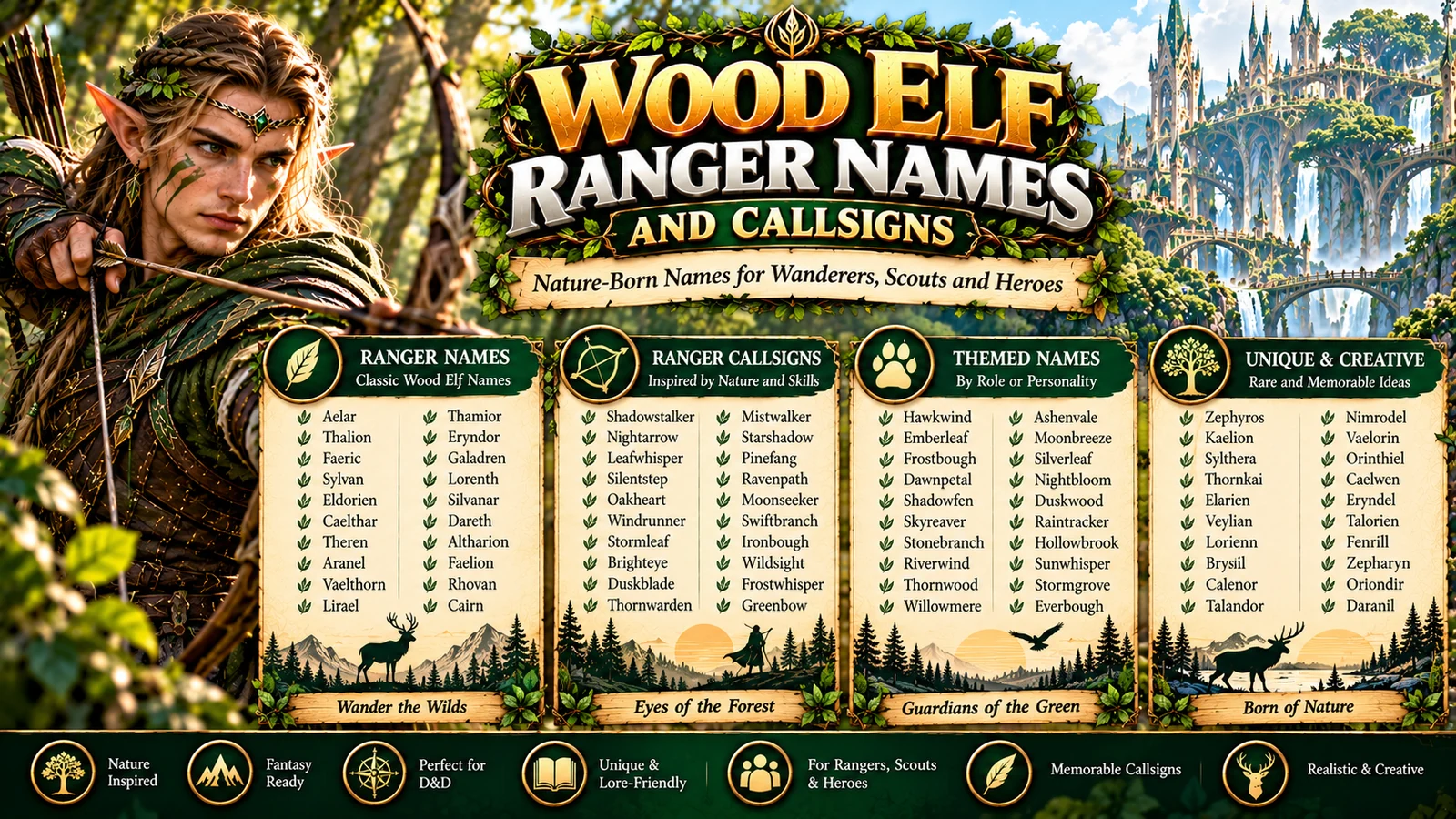 Wood elf ranger archer with callsigns and nature-inspired name ideas
